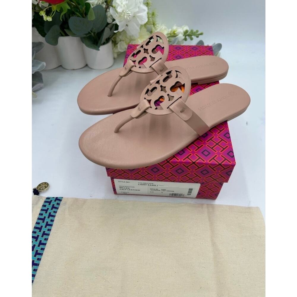Women's TORY BURCH MILLER soft calf leather sandals in light sand size 10 - Picture 2 of 8